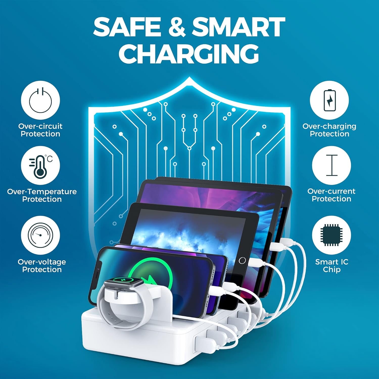 Charging Station for Multiple Devices - 6 Port 50W Fast Multi Charger Organizer with Watch Charger Equipped for Iphone Ipad Android Tablet Watch and Other Electronics with 6 Charging