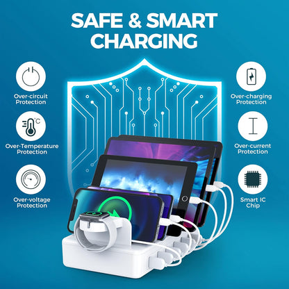 Charging Station for Multiple Devices - 6 Port 50W Fast Multi Charger Organizer with Watch Charger Equipped for Iphone Ipad Android Tablet Watch and Other Electronics with 6 Charging