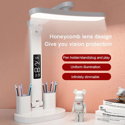LED Table Lamp with Clock, USB Rechargeable, Dimmable, Foldable Design for Eye Protection - Ideal for Desk Study and Reading Night Light