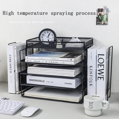 Desk Storage and Accessories, 4-Tier Paper Trust Tray Storage Box with File Holder, Desk Storage Office Supplies, Desk Storge