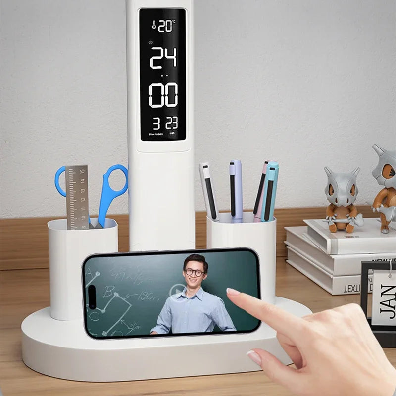 LED Table Lamp with Clock, USB Rechargeable, Dimmable, Foldable Design for Eye Protection - Ideal for Desk Study and Reading Night Light