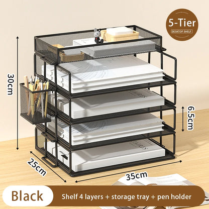 Desk Storage and Accessories, 4-Tier Paper Trust Tray Storage Box with File Holder, Desk Storage Office Supplies, Desk Storge