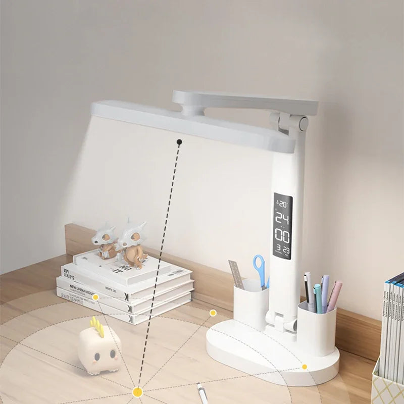 LED Table Lamp with Clock, USB Rechargeable, Dimmable, Foldable Design for Eye Protection - Ideal for Desk Study and Reading Night Light