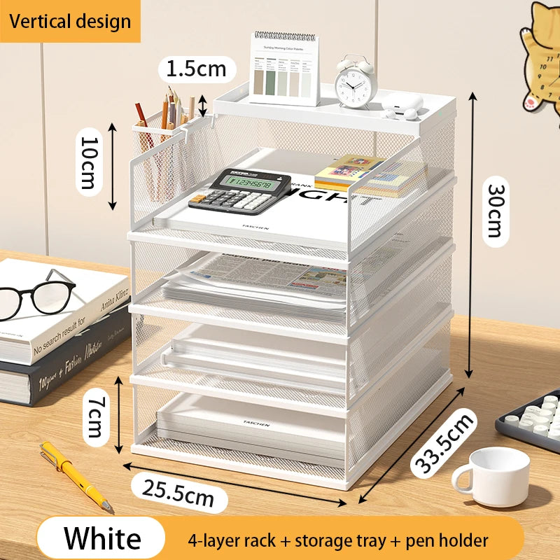 Desk Storage and Accessories, 4-Tier Paper Trust Tray Storage Box with File Holder, Desk Storage Office Supplies, Desk Storge