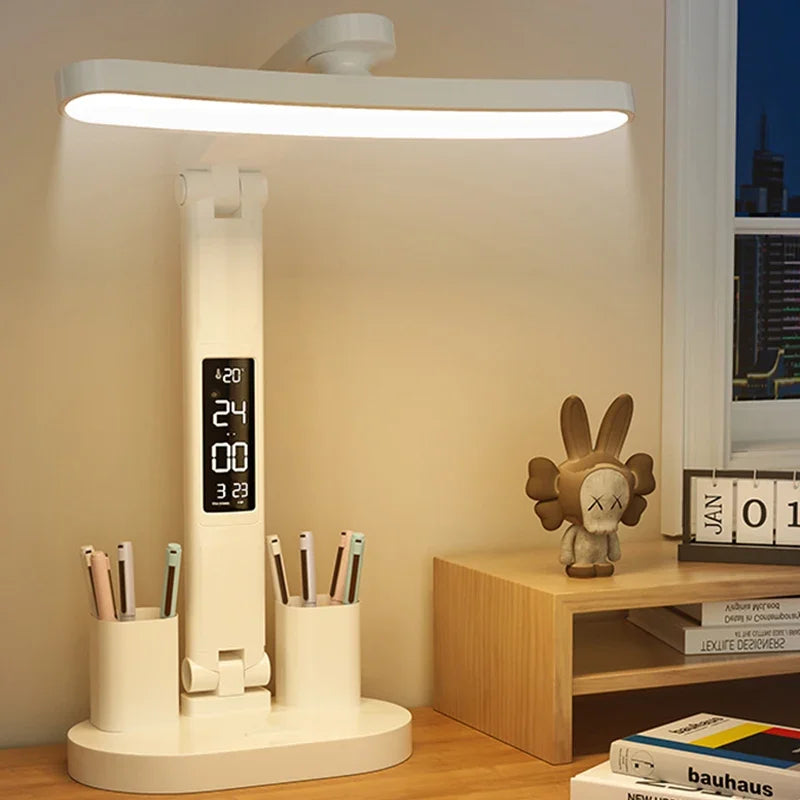 LED Table Lamp with Clock, USB Rechargeable, Dimmable, Foldable Design for Eye Protection - Ideal for Desk Study and Reading Night Light
