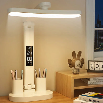 LED Table Lamp with Clock, USB Rechargeable, Dimmable, Foldable Design for Eye Protection - Ideal for Desk Study and Reading Night Light
