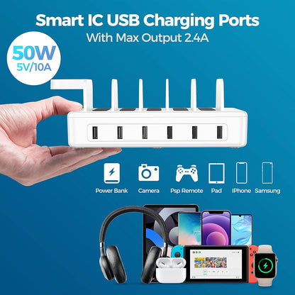 Charging Station for Multiple Devices - 6 Port 50W Fast Multi Charger Organizer with Watch Charger Equipped for Iphone Ipad Android Tablet Watch and Other Electronics with 6 Charging