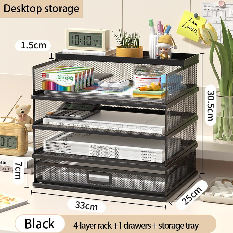 Desk Storage and Accessories, 4-Tier Paper Trust Tray Storage Box with File Holder, Desk Storage Office Supplies, Desk Storge