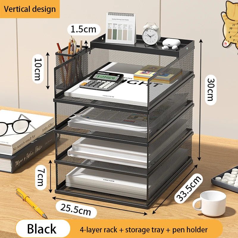 Desk Storage and Accessories, 4-Tier Paper Trust Tray Storage Box with File Holder, Desk Storage Office Supplies, Desk Storge