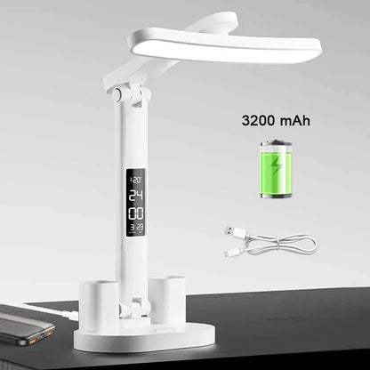 LED Table Lamp with Clock, USB Rechargeable, Dimmable, Foldable Design for Eye Protection - Ideal for Desk Study and Reading Night Light