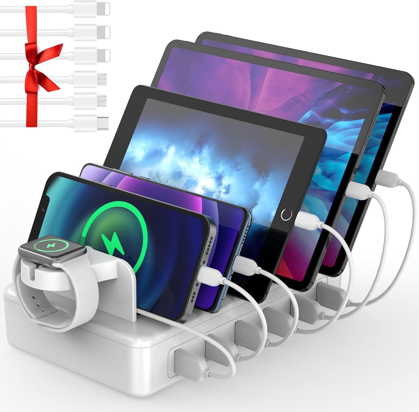 Charging Station for Multiple Devices - 6 Port 50W Fast Multi Charger Organizer with Watch Charger Equipped for Iphone Ipad Android Tablet Watch and Other Electronics with 6 Charging